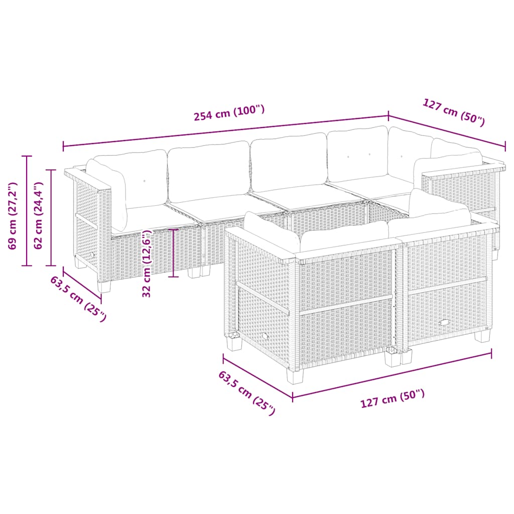 sofasæt til haven 7 dele med hynder polyrattan sort