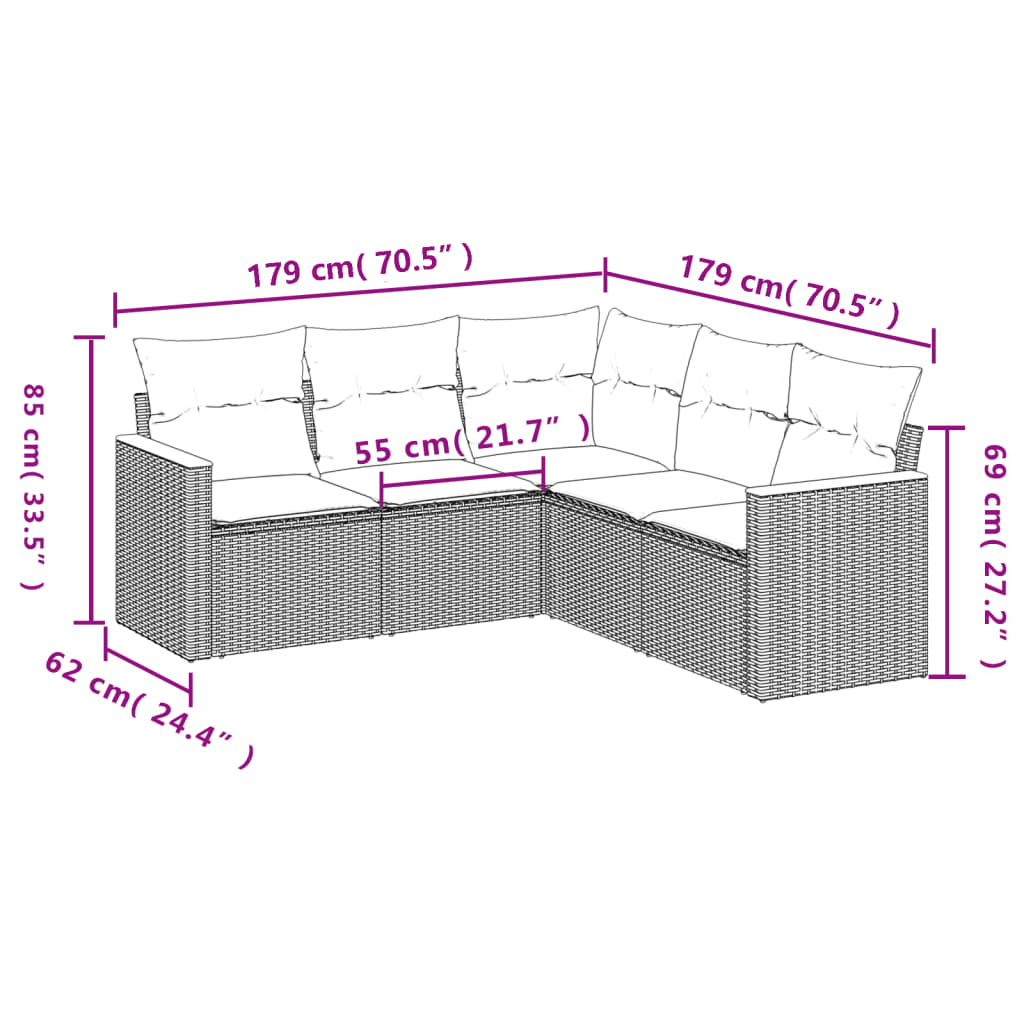 sofasæt til haven 5 dele med hynder polyrattan sort