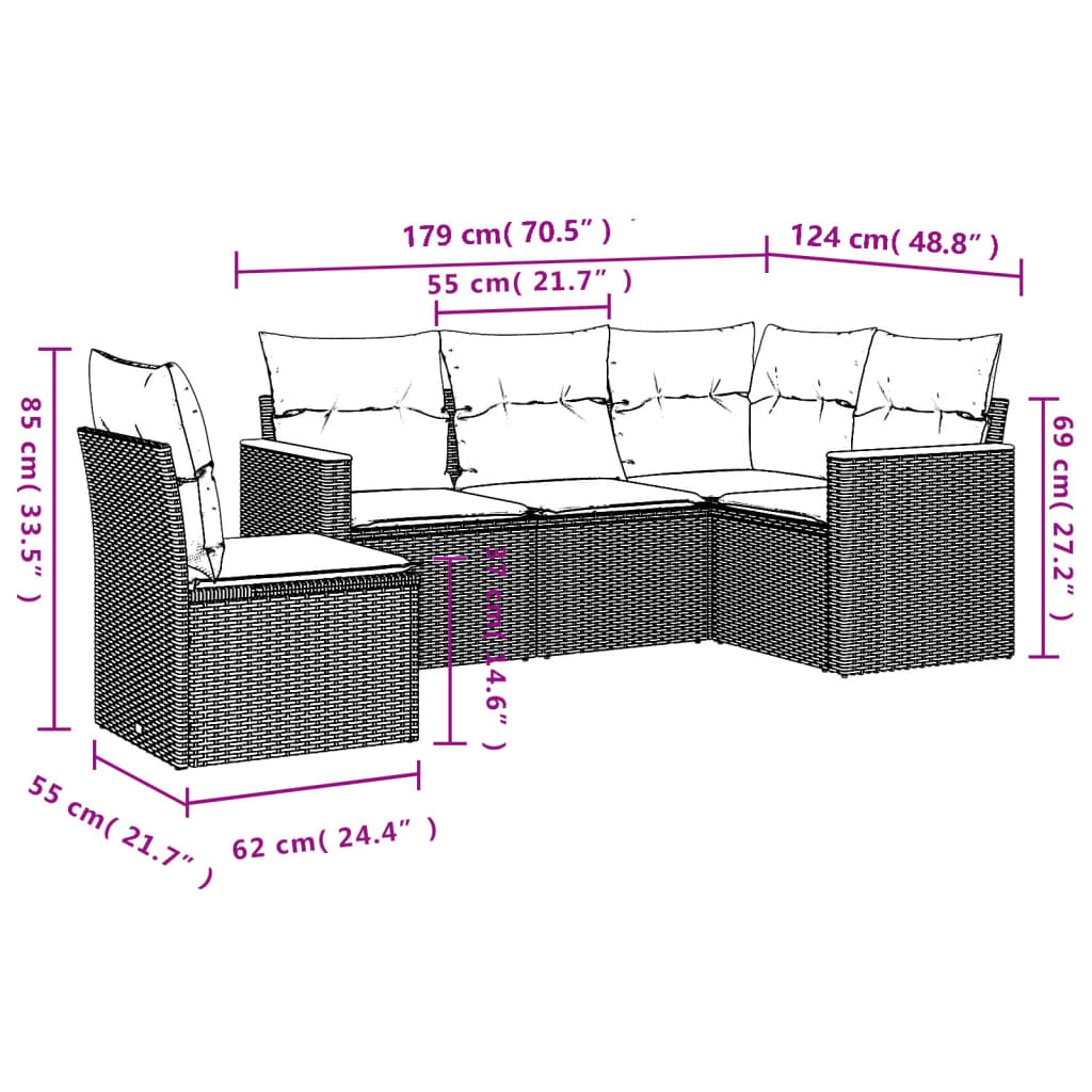 sofasæt 5 dele med hynder polyrattan grå