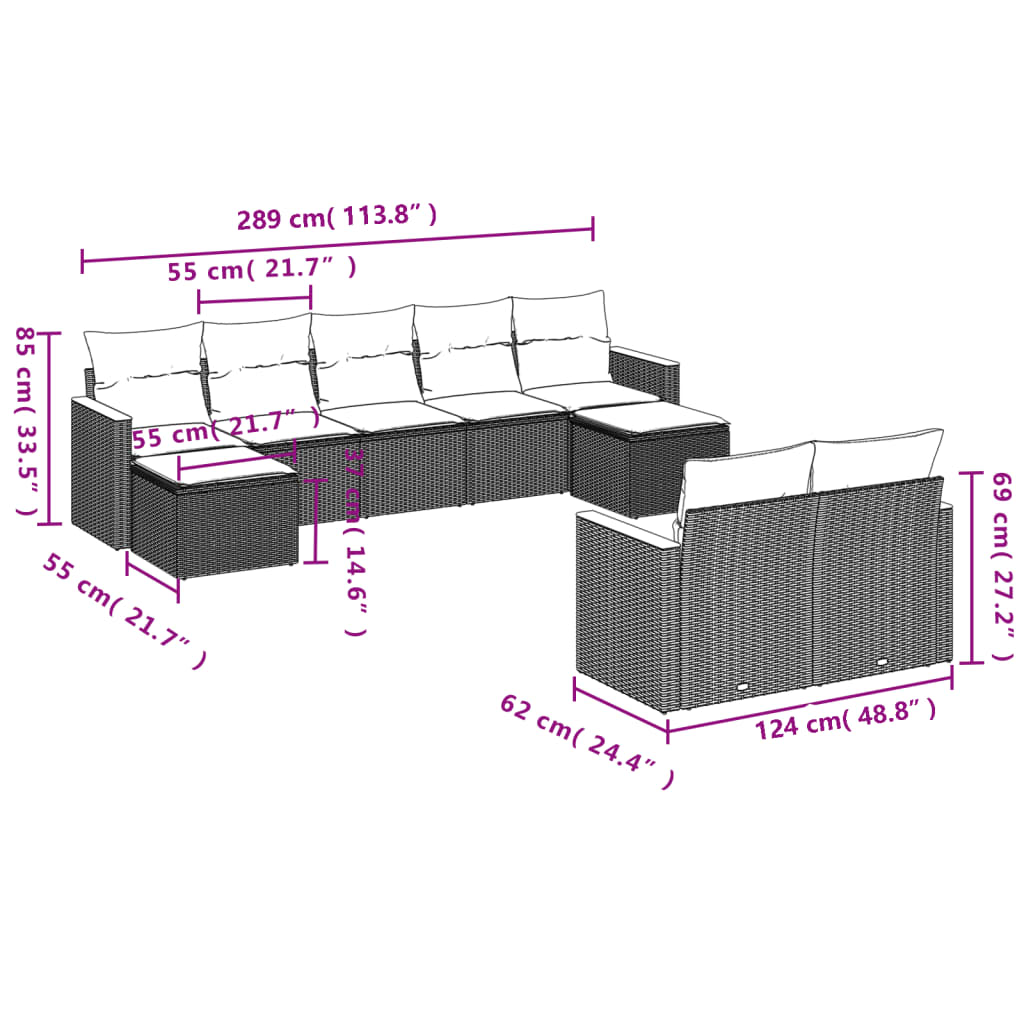 sofasæt til haven 9 dele med hynder polyrattan beige
