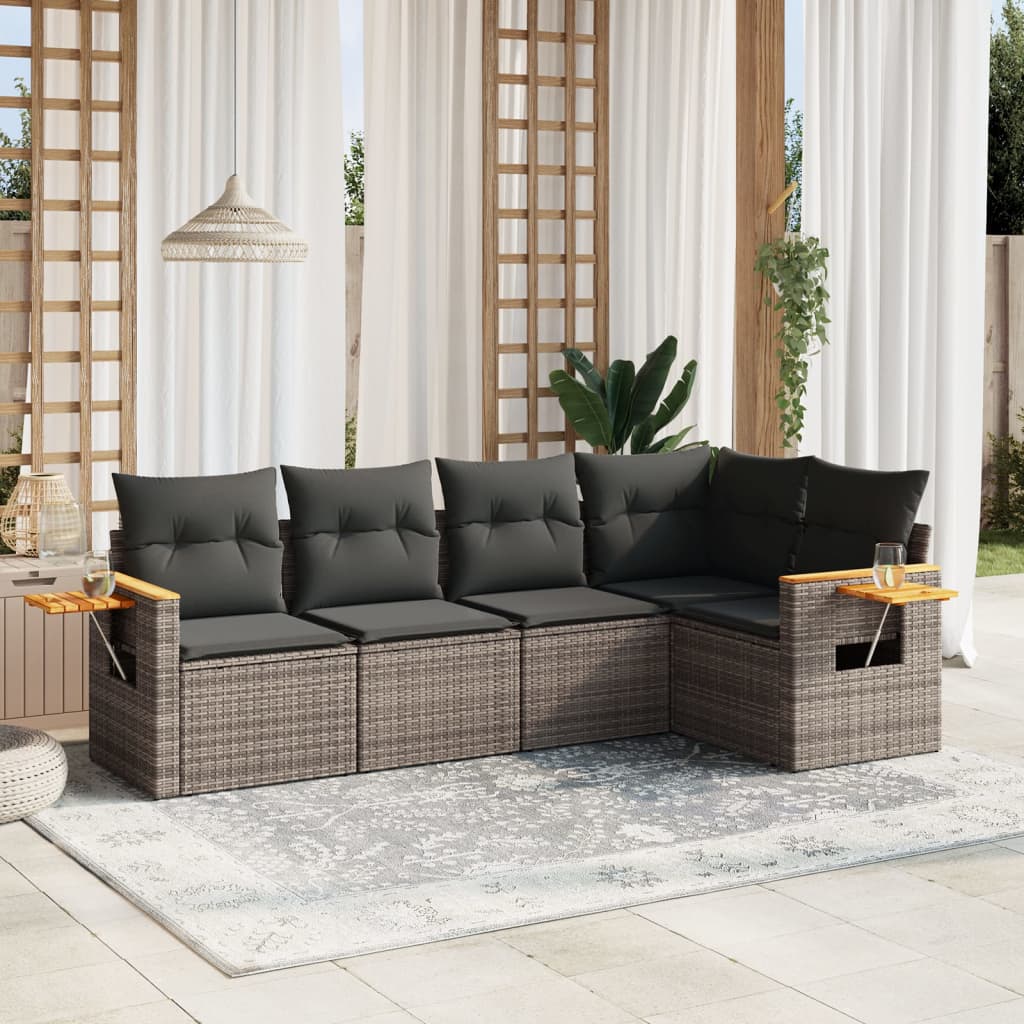 sofasæt 5 dele med hynder polyrattan grå