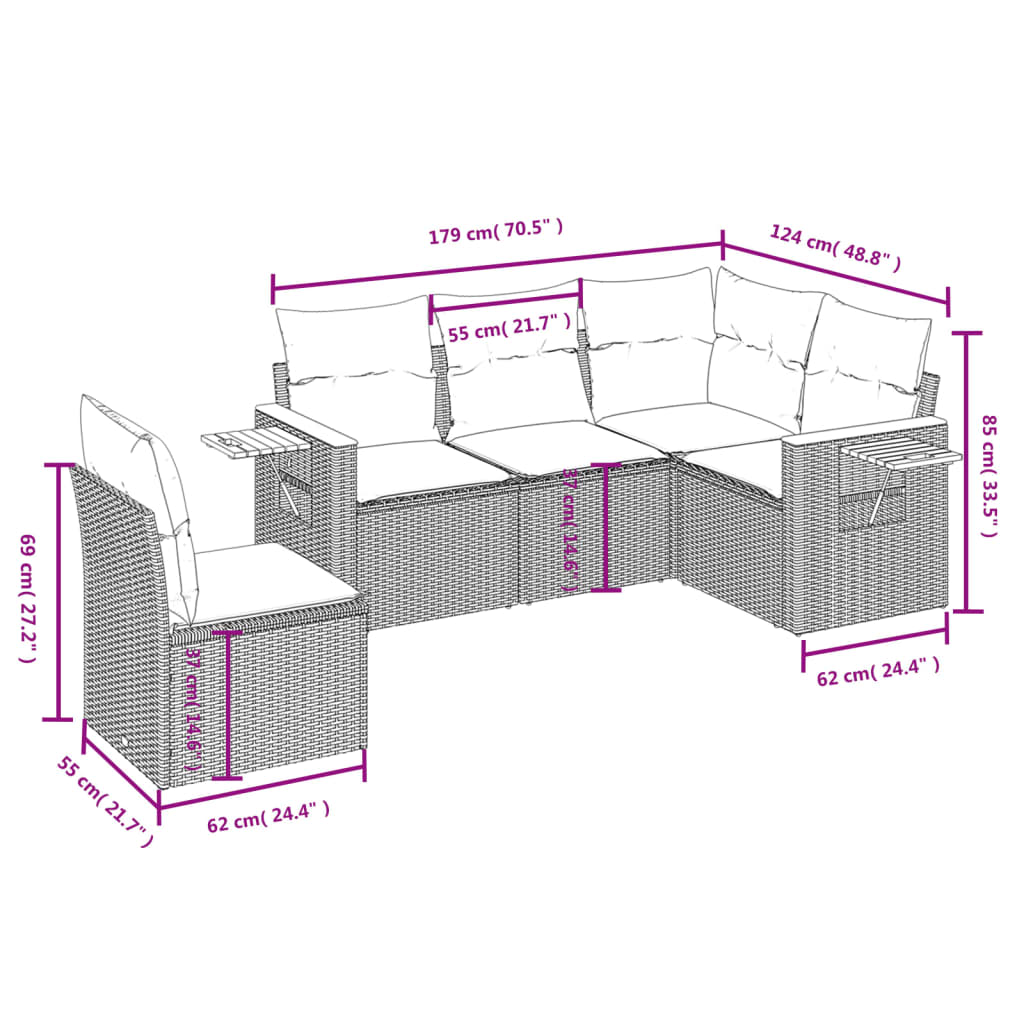 sofasæt 5 dele med hynder polyrattan grå