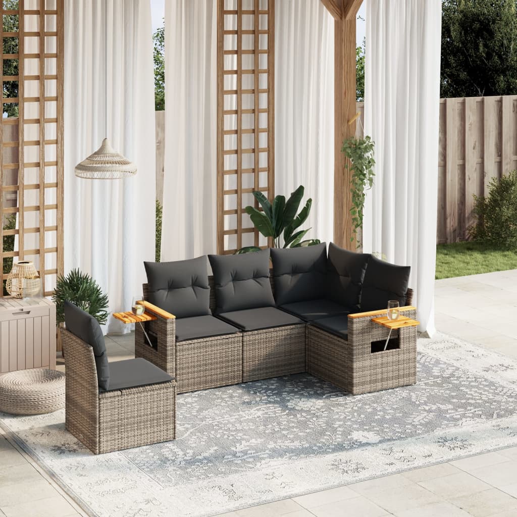 sofasæt 5 dele med hynder polyrattan grå