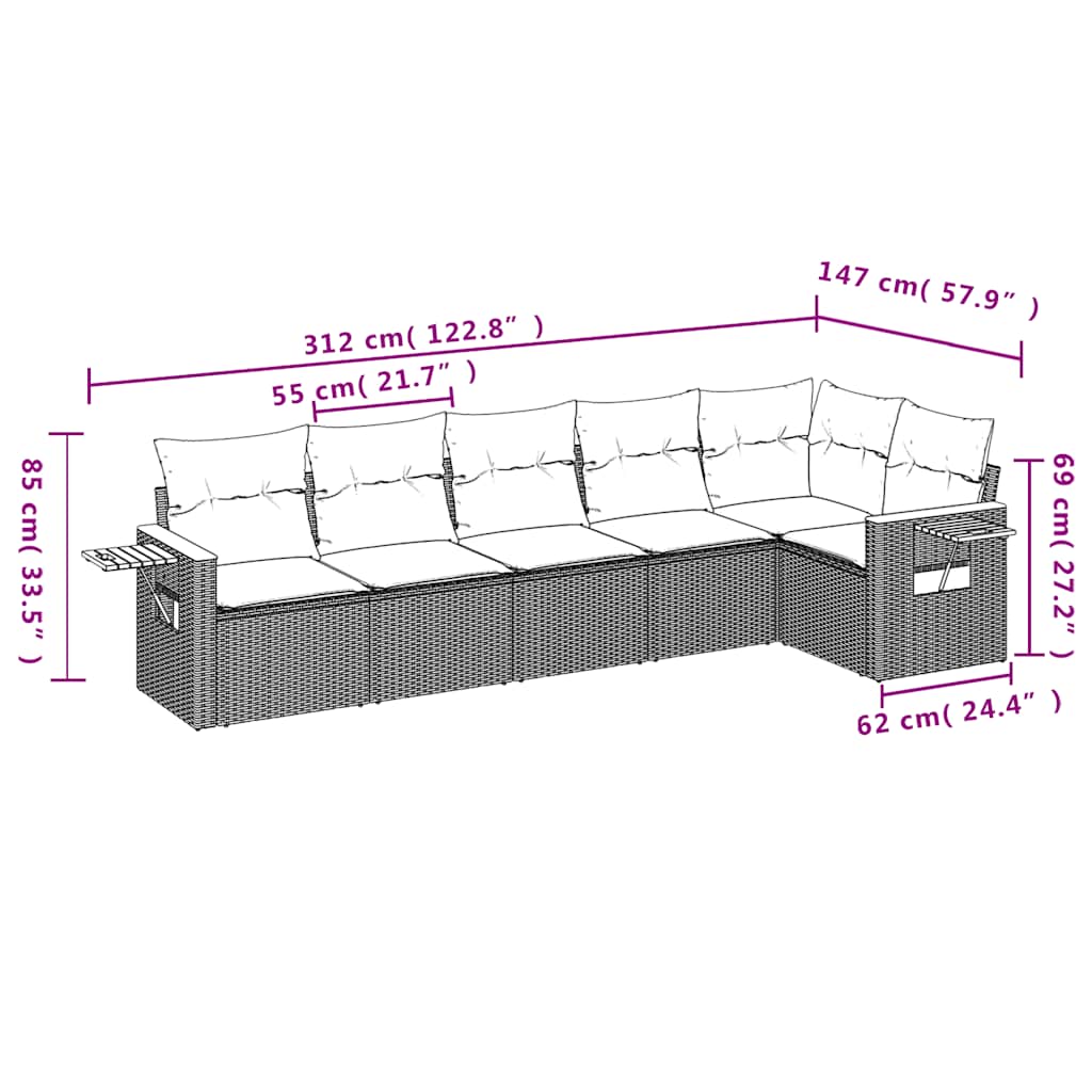 sofasæt til haven 6 dele med hynder polyrattan sort