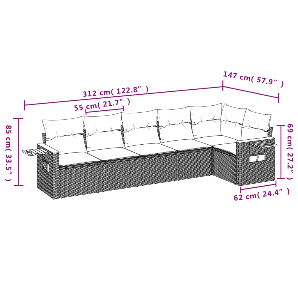 sofasæt til haven 6 dele med hynder polyrattan beige