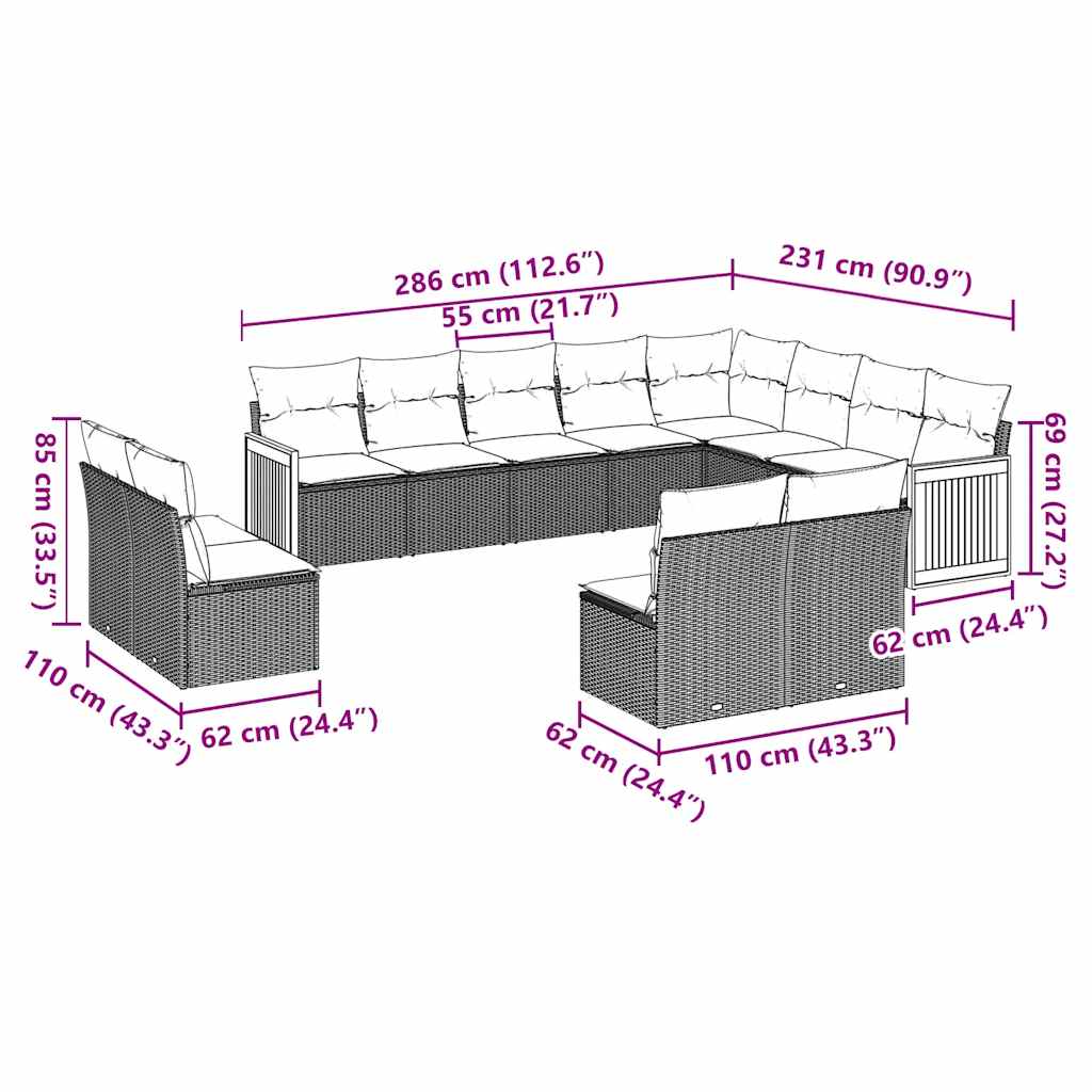 sofasæt til haven 12 dele med hynder polyrattan sort