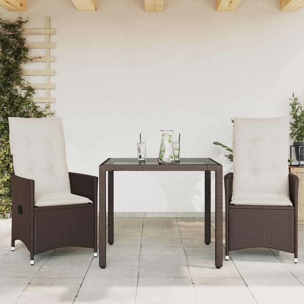bistrosæt til haven 3 dele med hynder polyrattan brun
