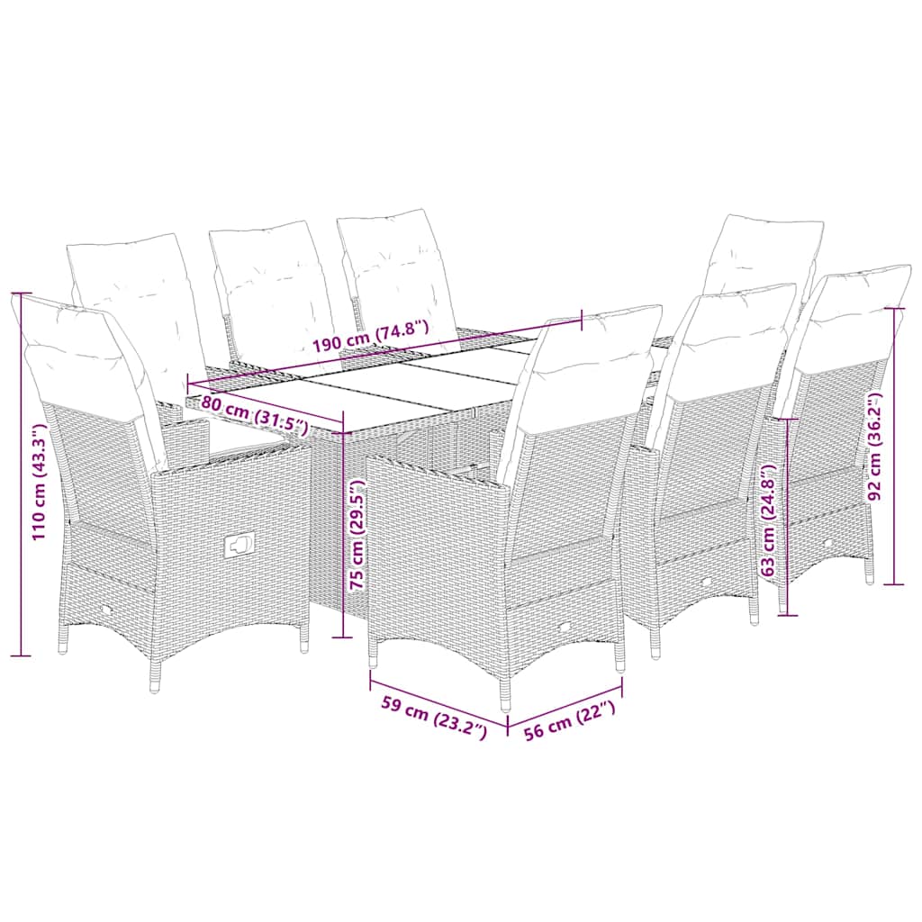 spisebordssæt til haven 9 dele med hynder polyrattan brun