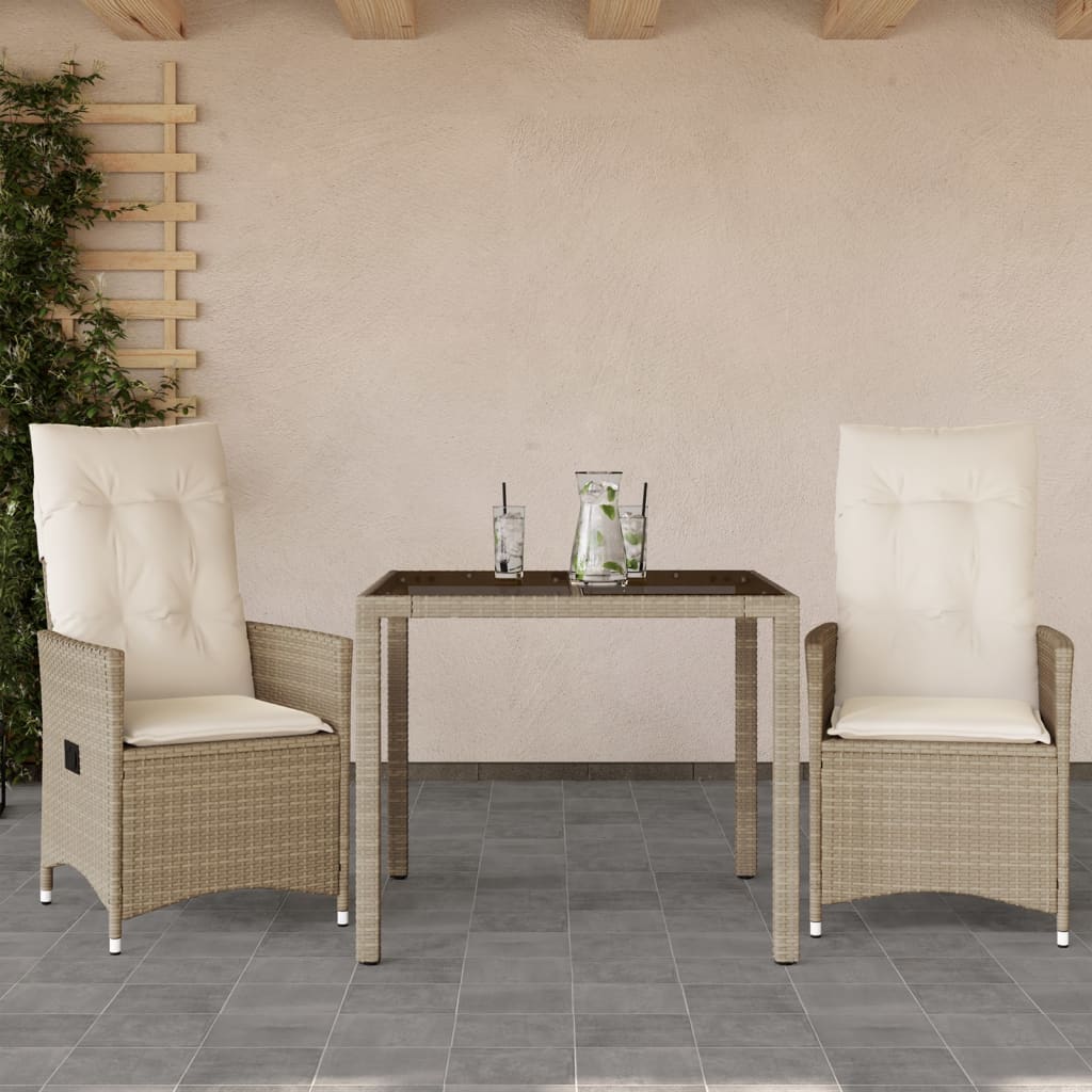 bistrosæt til haven 3 dele med hynder polyrattan beige