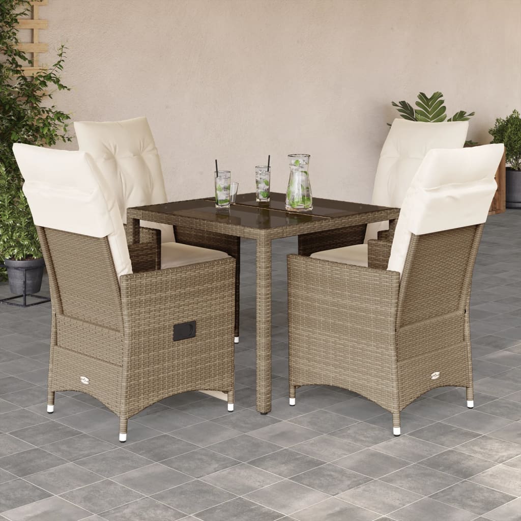 spisebordssæt til haven 5 dele med hynder polyrattan beige
