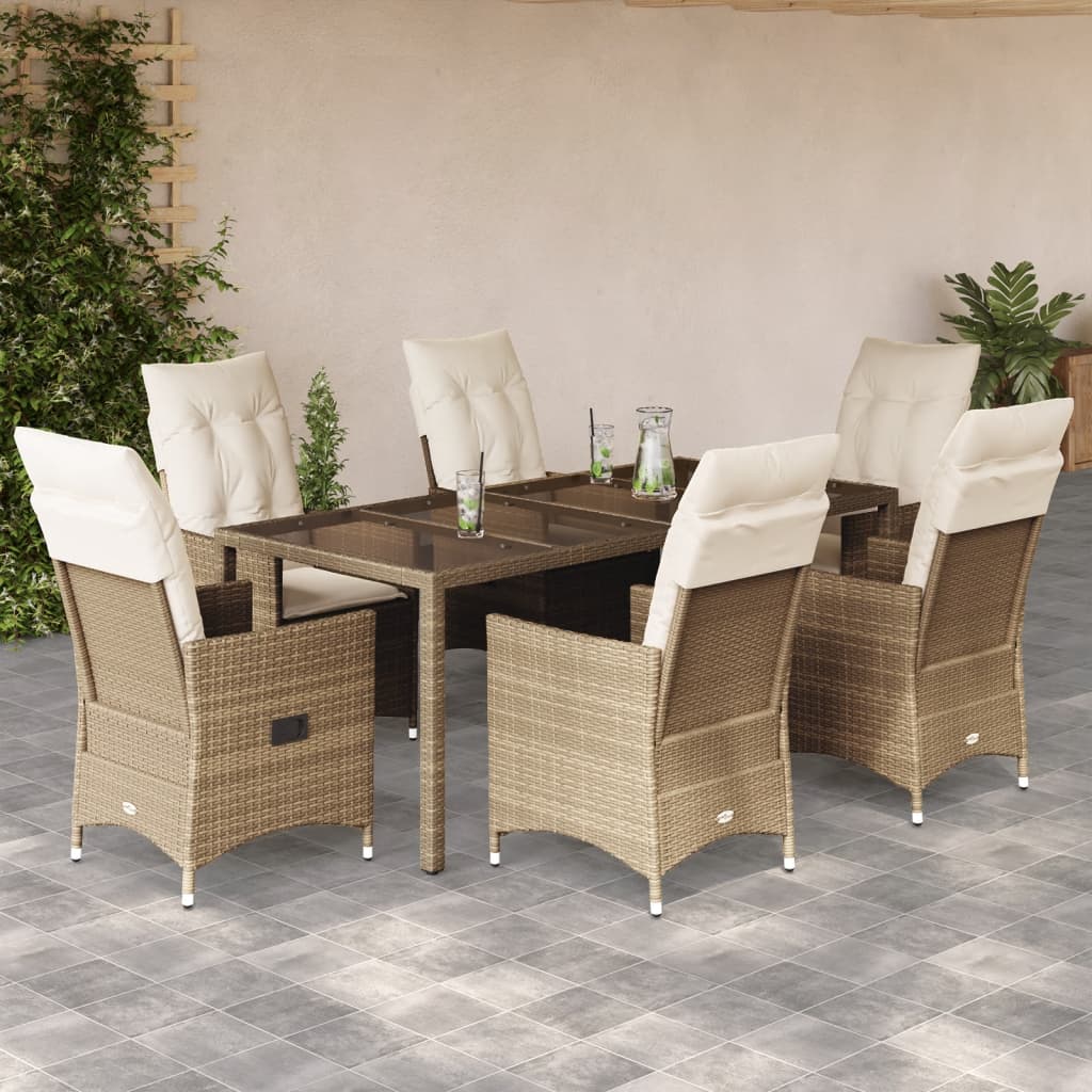 spisebordssæt til haven 7 dele med hynder polyrattan beige