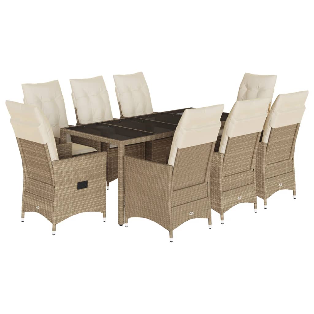 spisebordssæt til haven 9 dele med hynder polyrattan beige