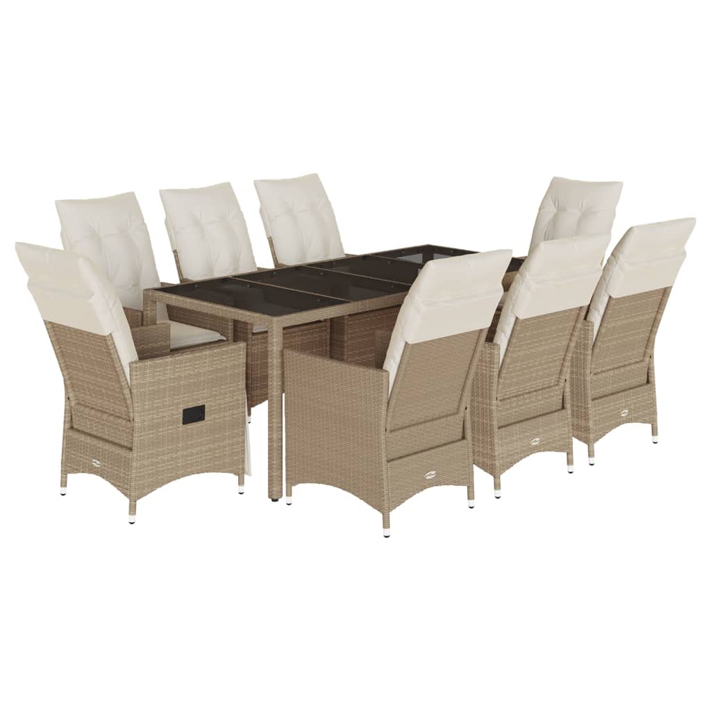 spisebordssæt til haven 9 dele med hynder polyrattan beige