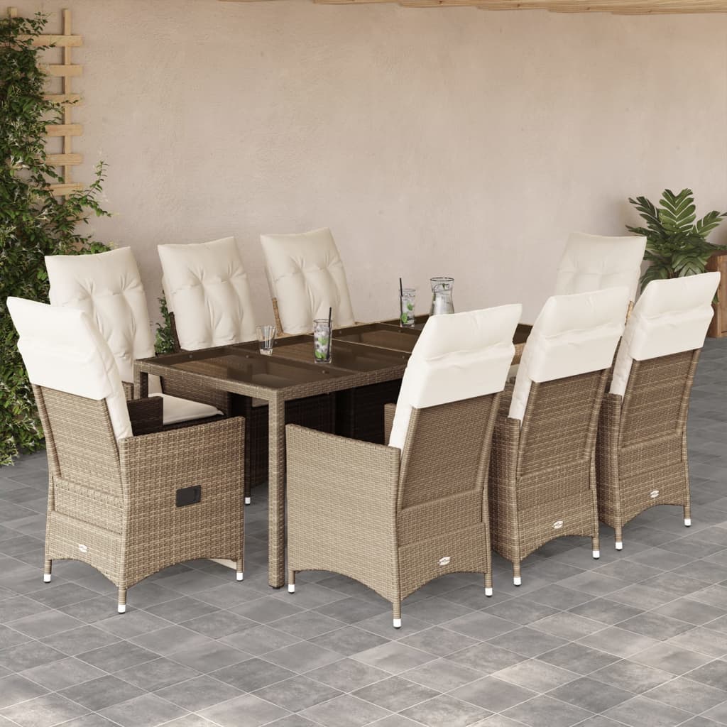 spisebordssæt til haven 9 dele med hynder polyrattan beige