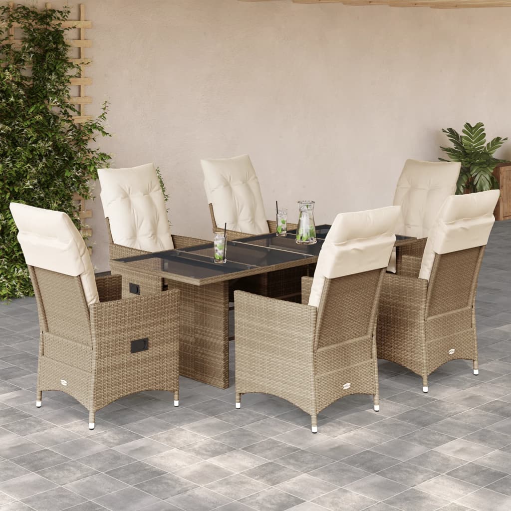 spisebordssæt til haven 7 dele med hynder polyrattan beige