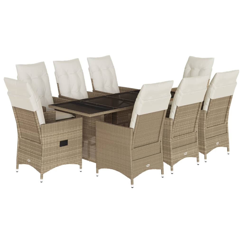 spisebordssæt til haven 9 dele med hynder polyrattan beige