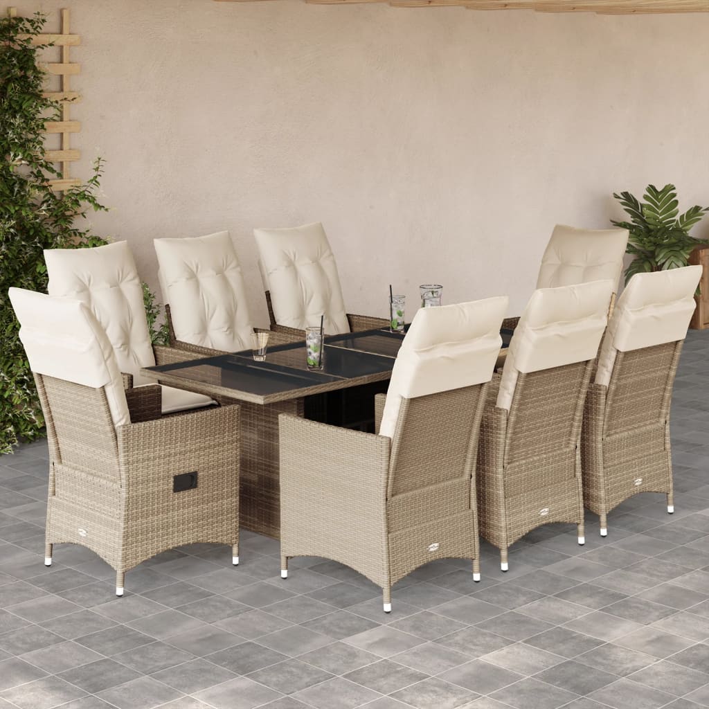 spisebordssæt til haven 9 dele med hynder polyrattan beige