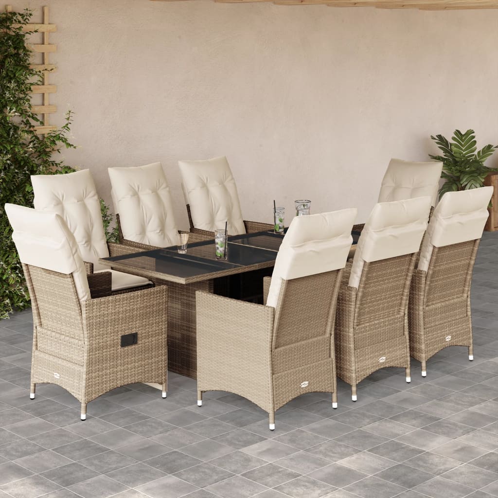 spisebordssæt til haven 9 dele med hynder polyrattan beige