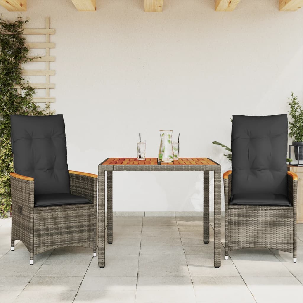 bistrosæt til haven 3 dele med hynder polyrattan grå