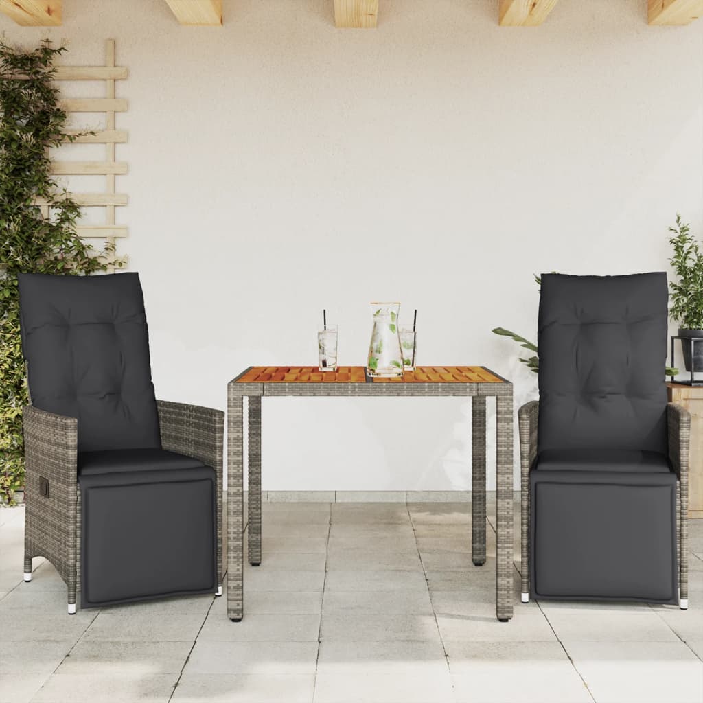 bistrosæt til haven 3 dele med hynder polyrattan grå