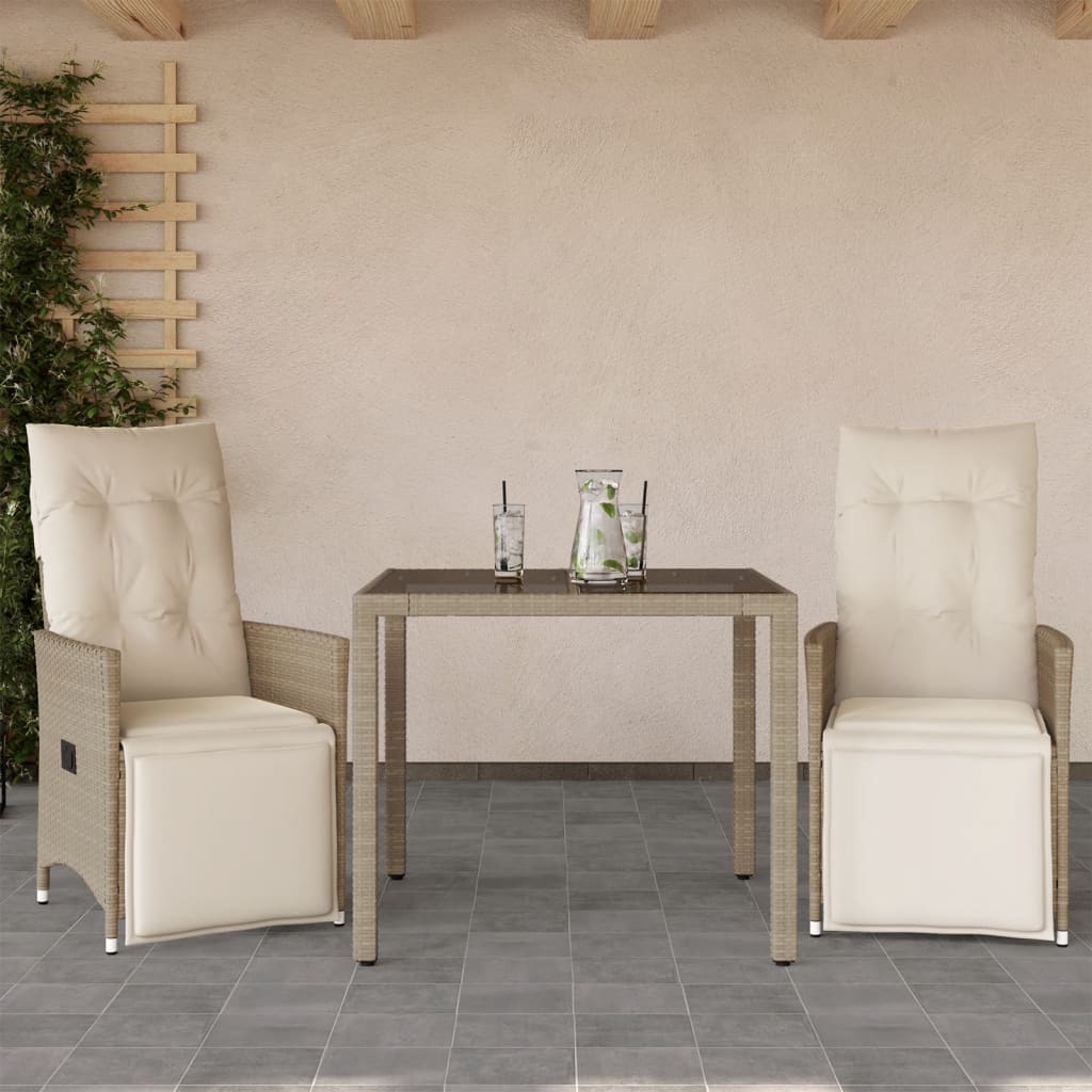 bistrosæt til haven 3 dele med hynder polyrattan beige