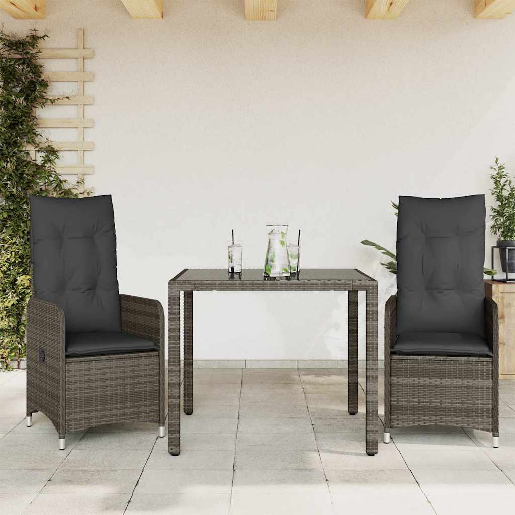 bistrosæt til haven 3 dele med hynder polyrattan grå