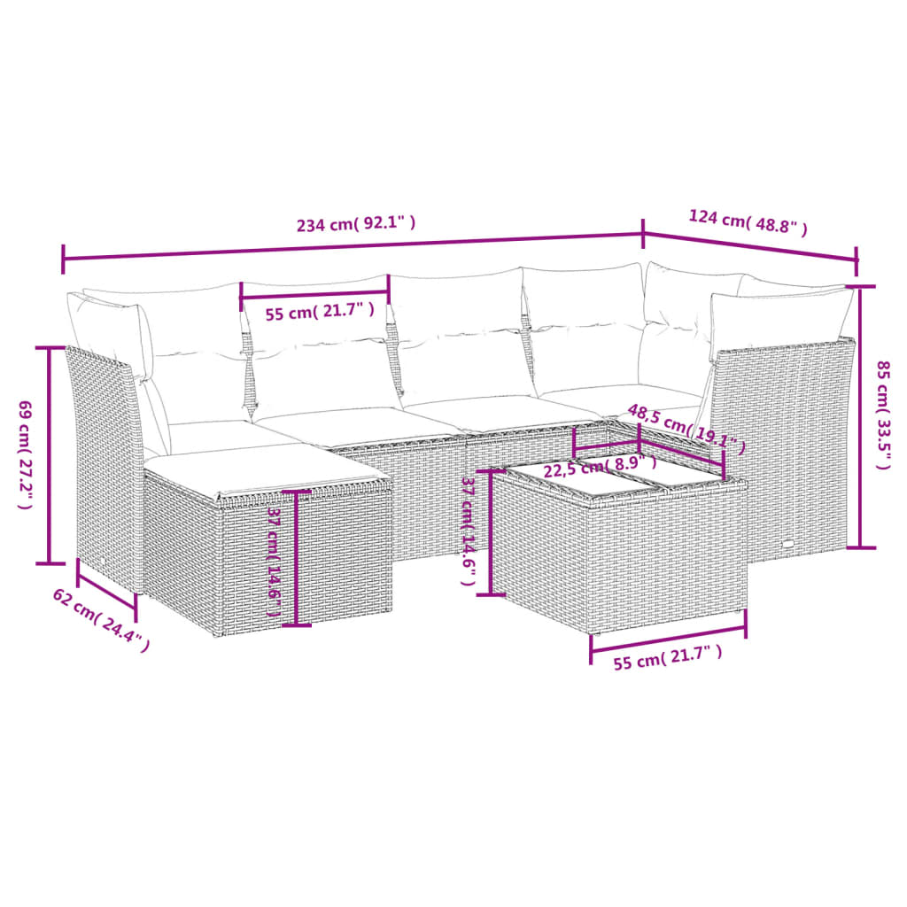 sofasæt til haven 7 dele med hynder polyrattan beige