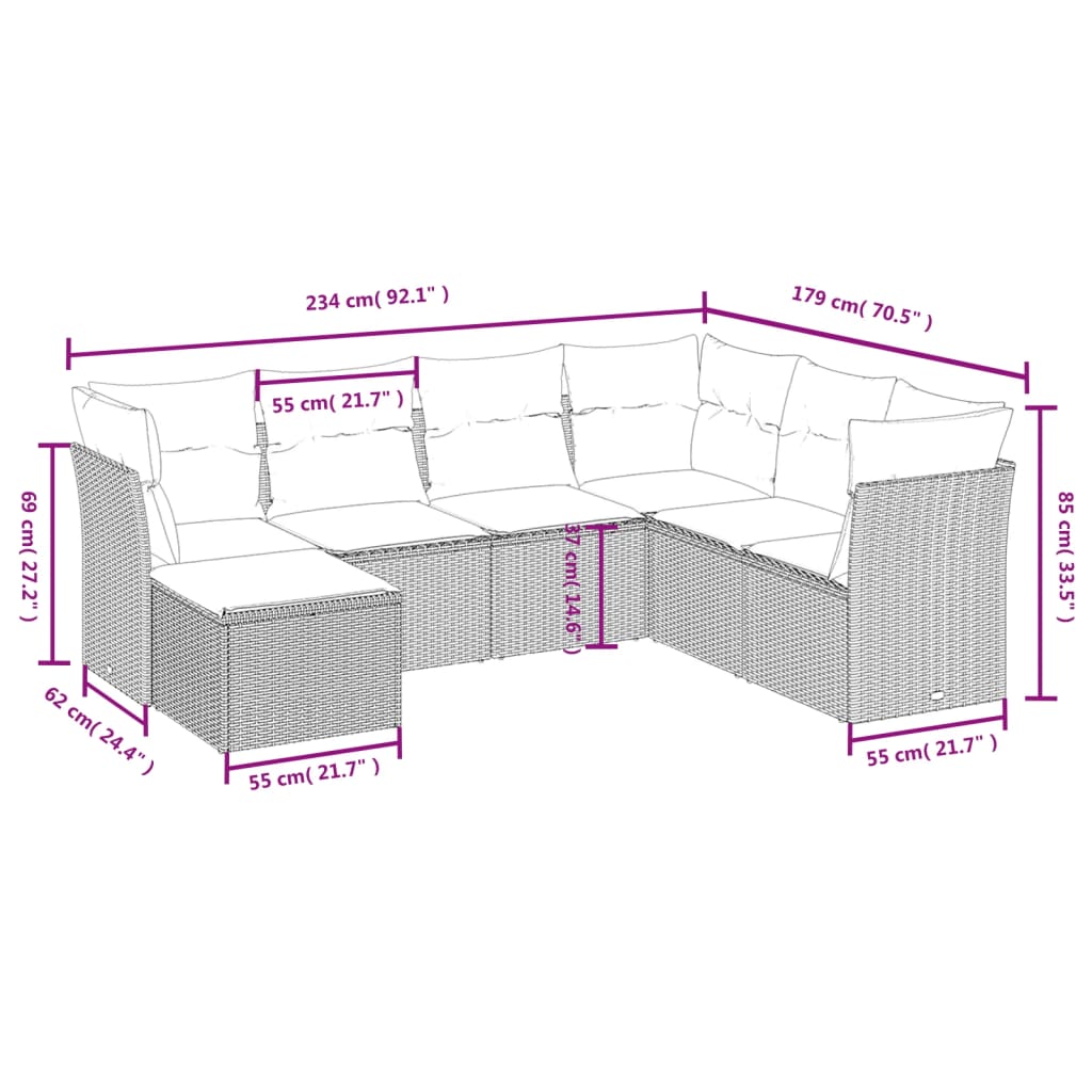 sofasæt til haven 7 dele med hynder polyrattan lysegrå