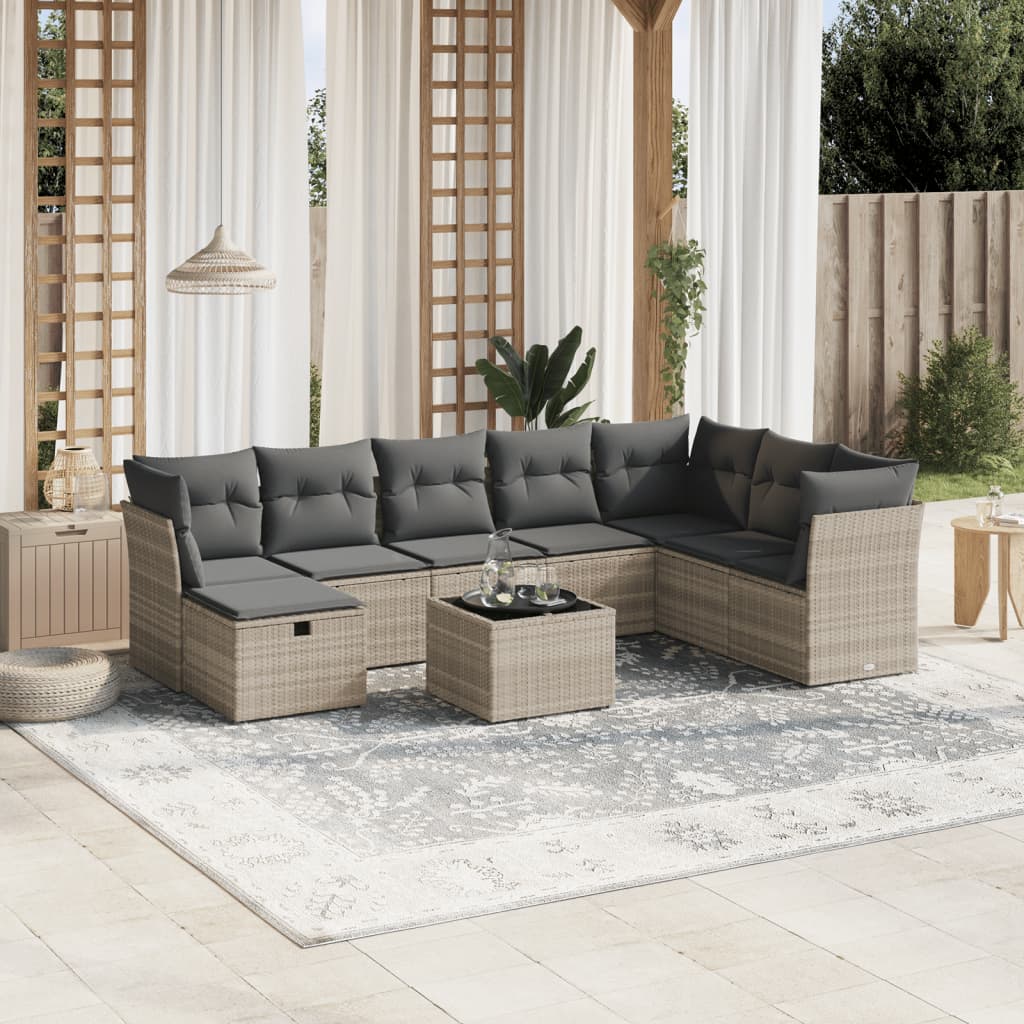 sofasæt til haven 9 dele med hynder polyrattan lysegrå