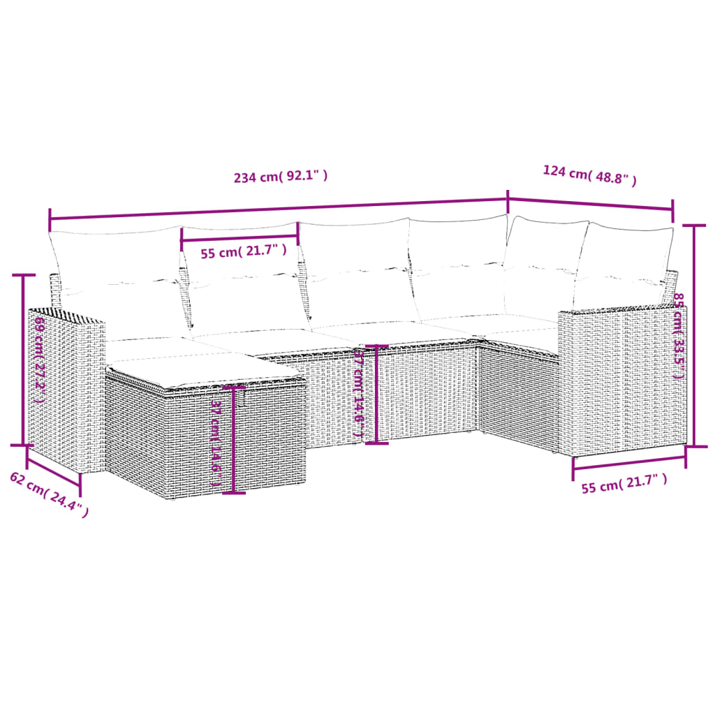 sofasæt til haven 6 dele med hynder polyrattan lysegrå