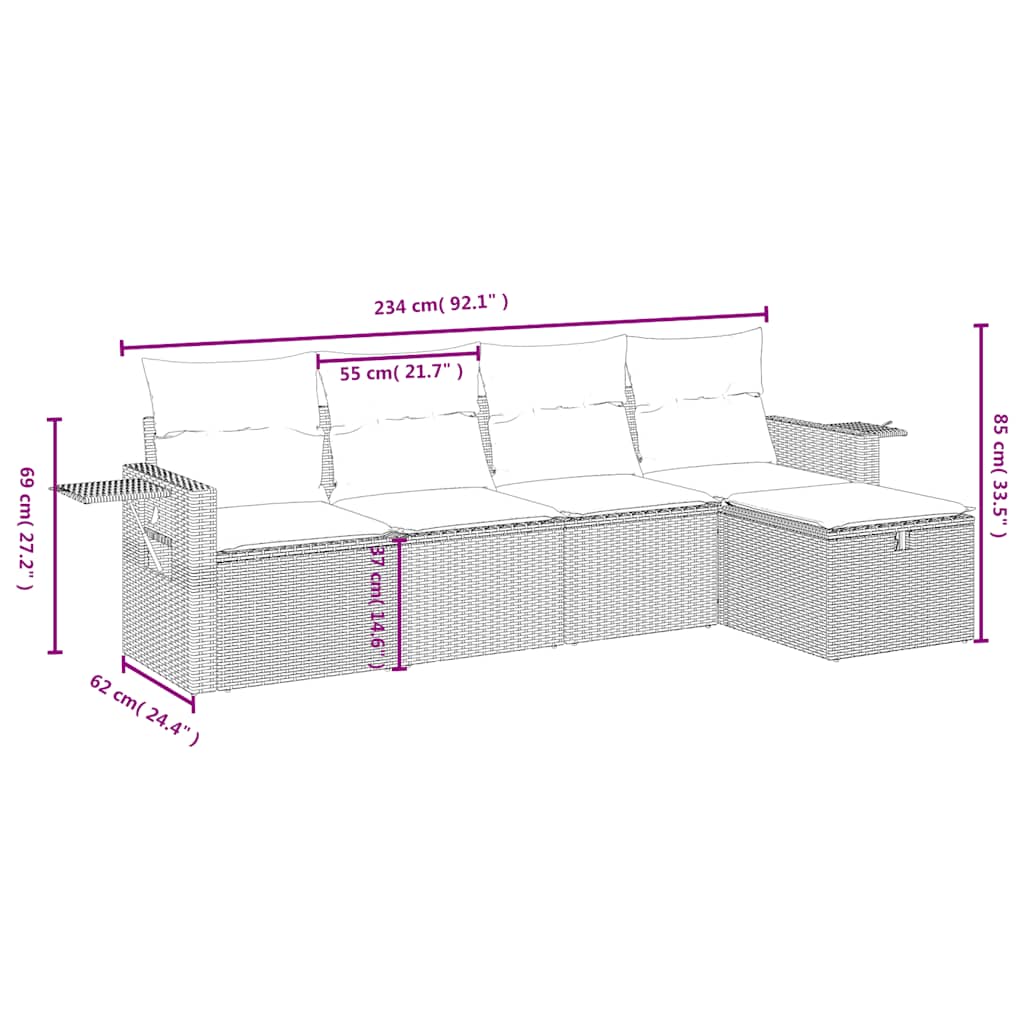 sofasæt 5 dele med hynder polyrattan lysegrå
