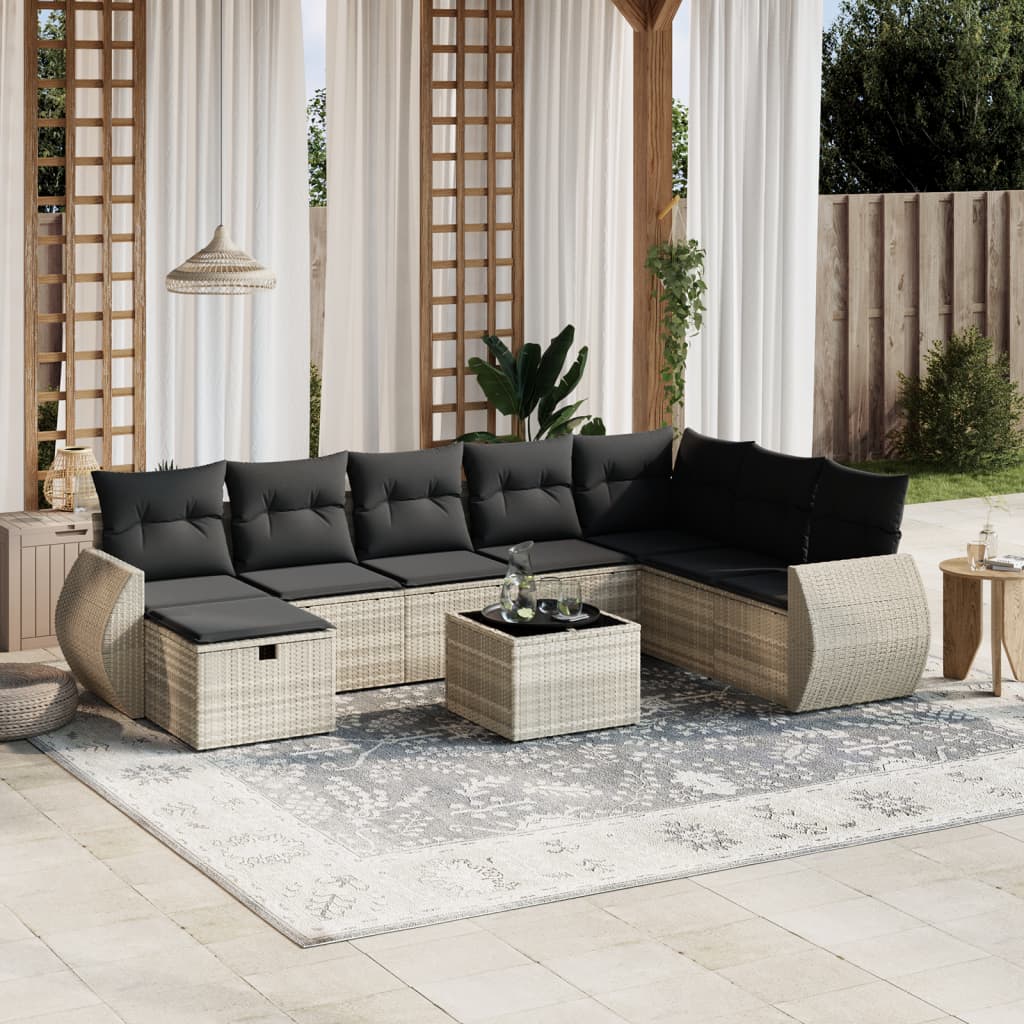 sofasæt til haven 9 dele med hynder polyrattan lysegrå
