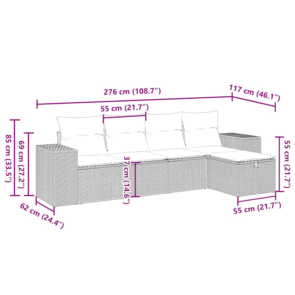 sofasæt 5 dele med hynder polyrattan lysegrå