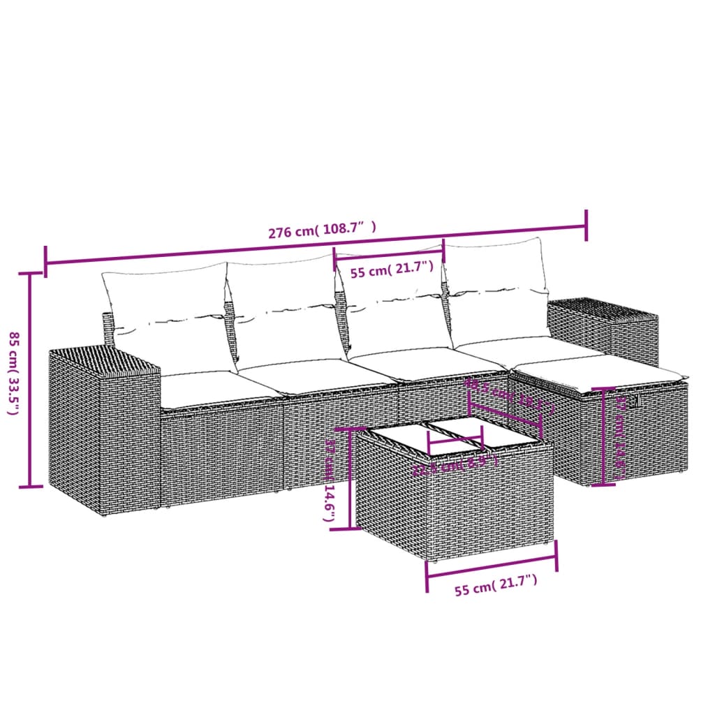 sofasæt til haven 6 dele med hynder polyrattan lysegrå