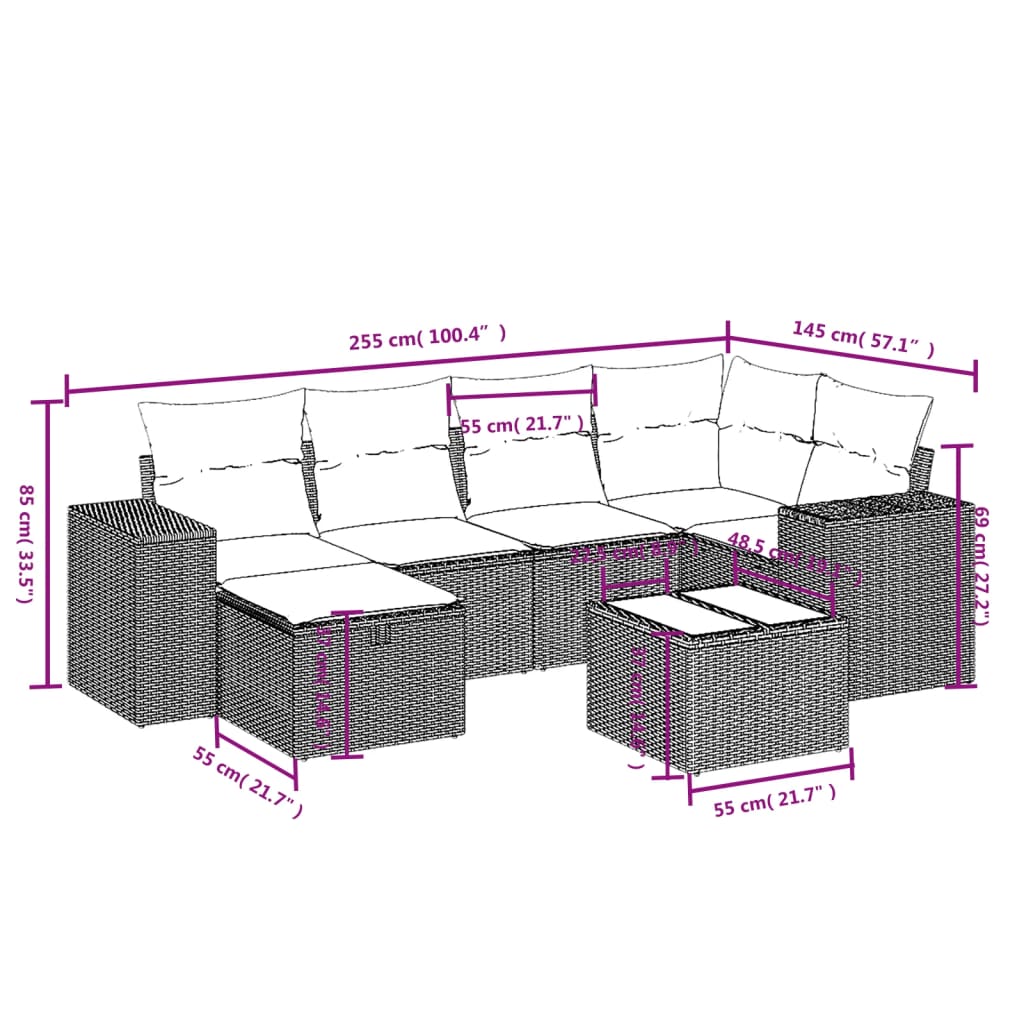 sofasæt til haven 7 dele med hynder polyrattan lysegrå