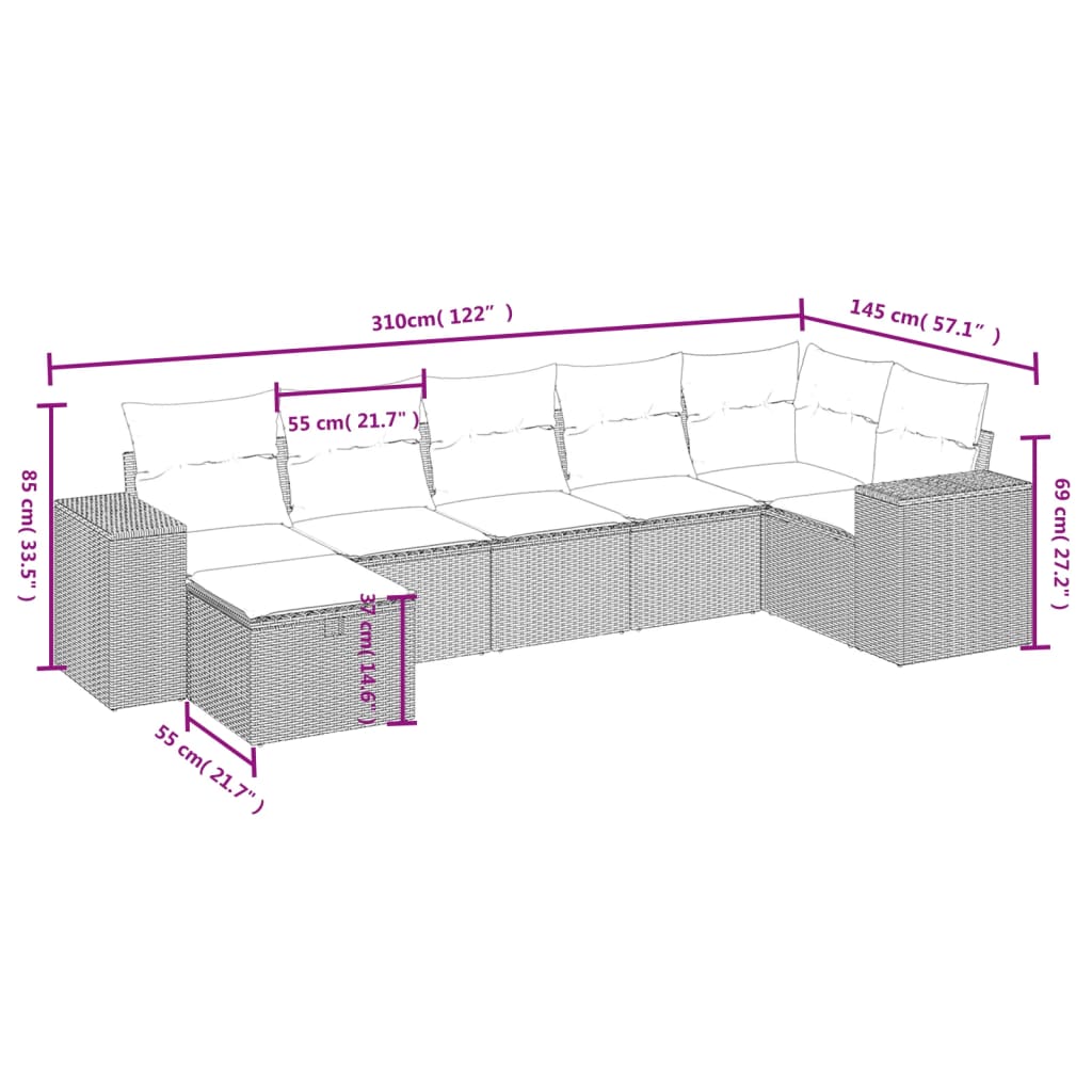 sofasæt til haven 7 dele med hynder polyrattan lysegrå