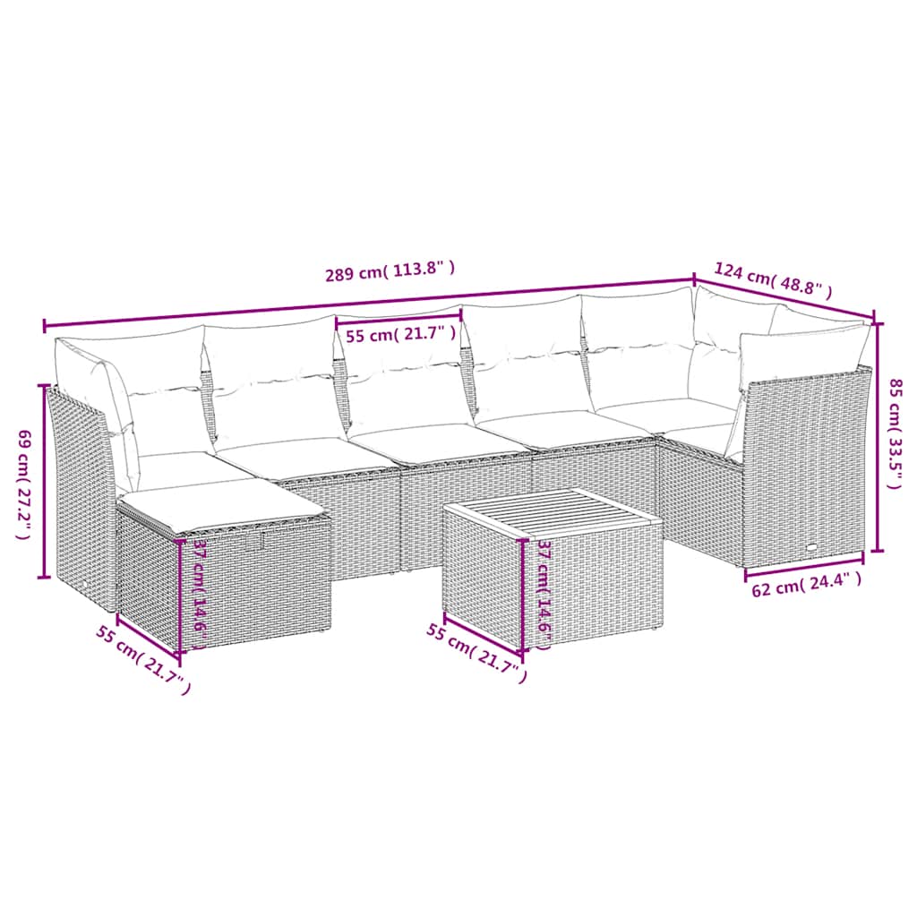 havesofasæt med 8 hynder grå polyrattan