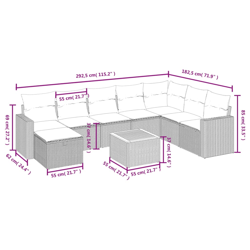 sofasæt til haven 9 dele med hynder polyrattan beige