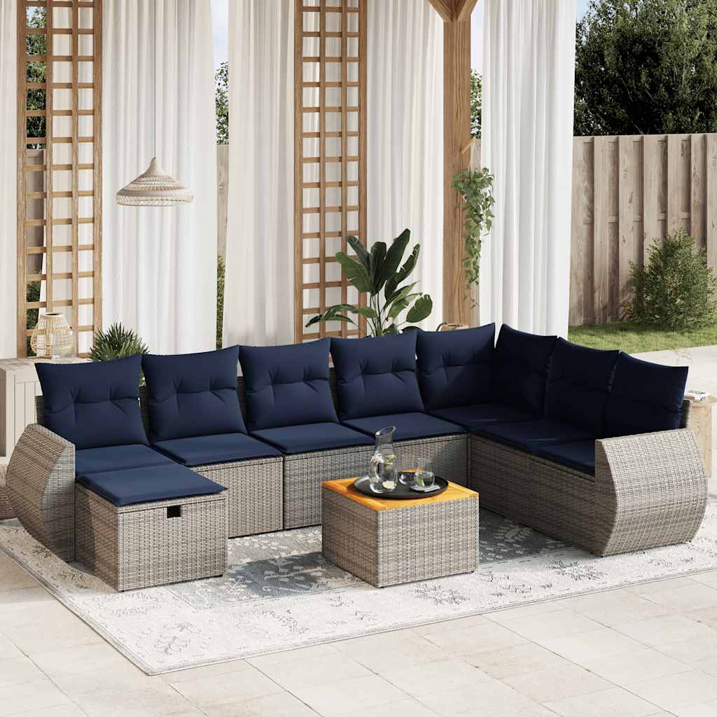 havesofasæt med 9 dele og hynder grå polyrattan