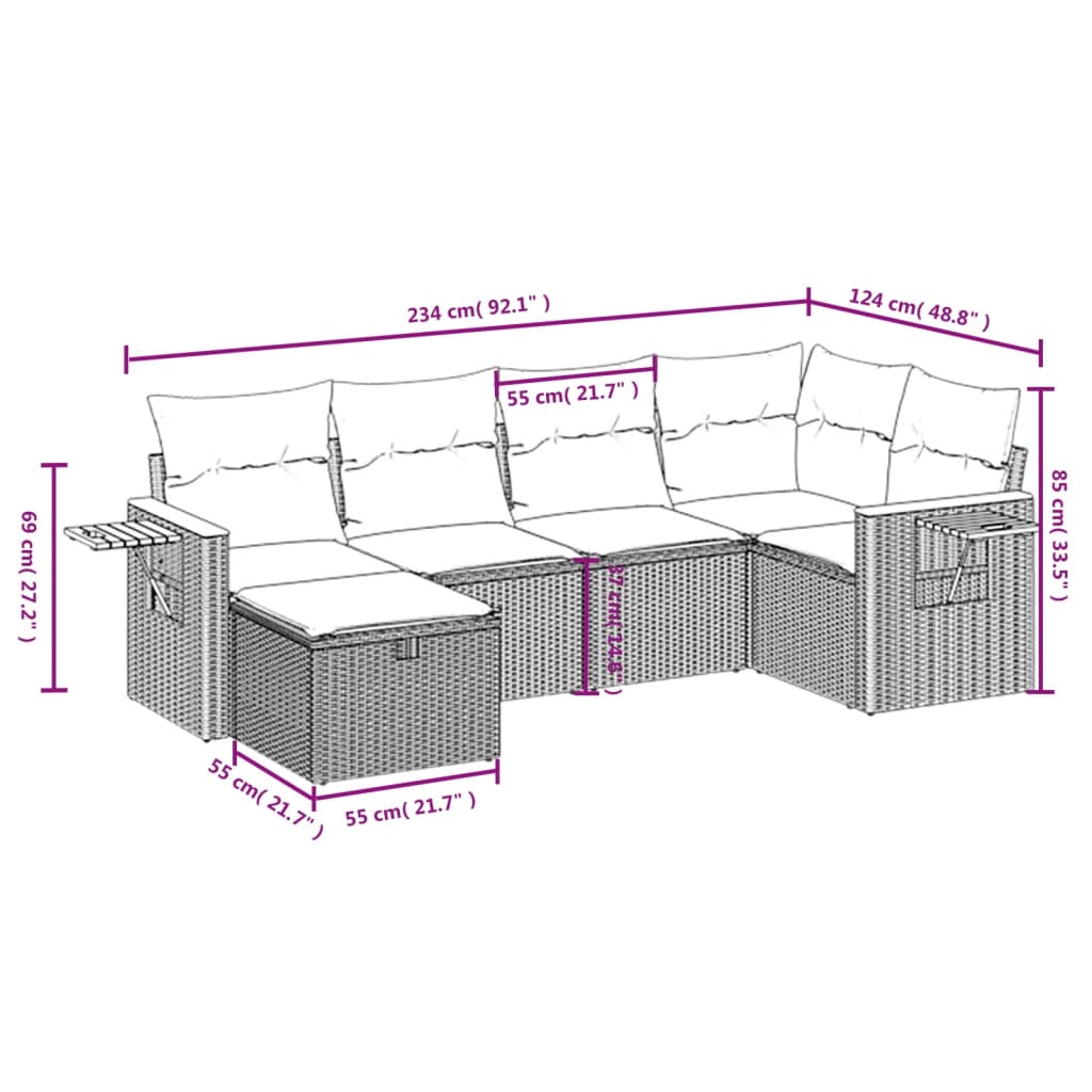 sofasæt til haven 6 dele med hynder polyrattan sort