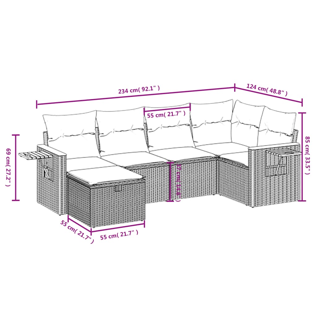 sofasæt til haven 6 dele med hynder polyrattan beige