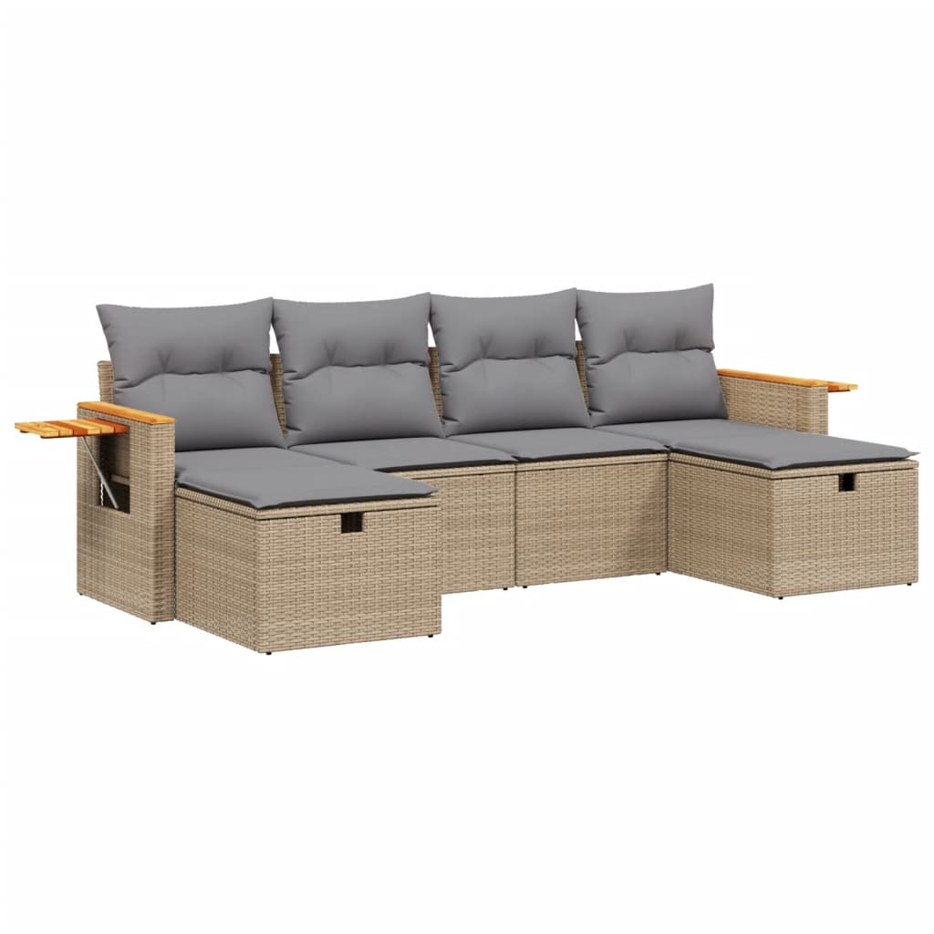 havesofasæt 6 dele med hynder polyrattan beige