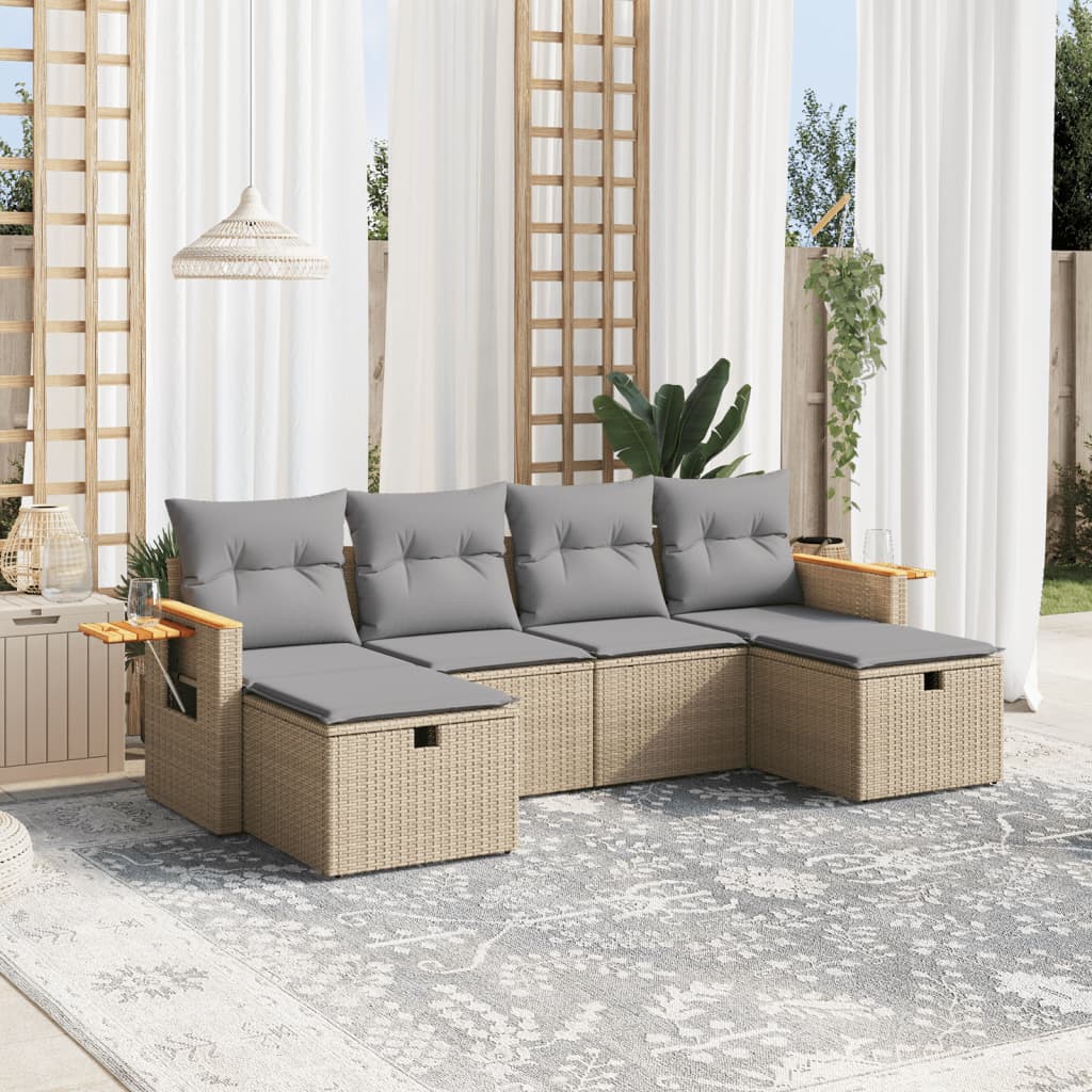 havesofasæt 6 dele med hynder polyrattan beige