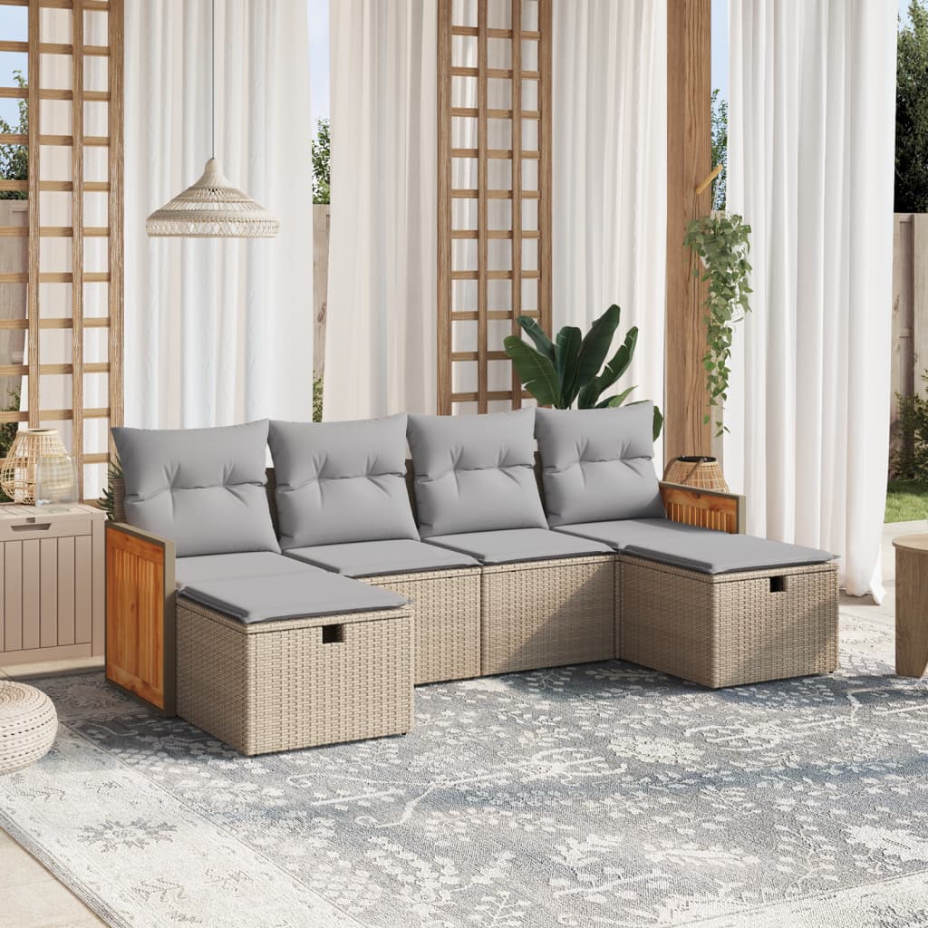 havesofasæt 6 dele med hynder polyrattan beige
