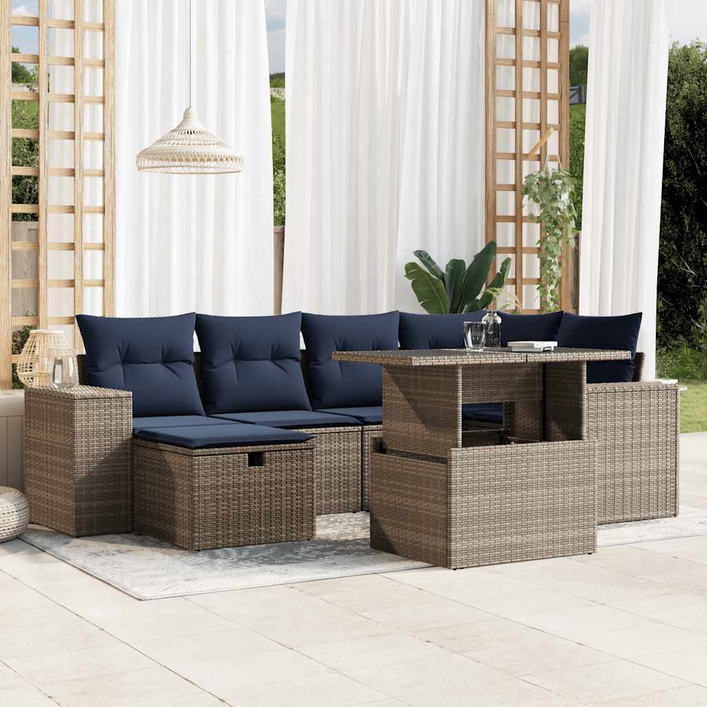 havesofasæt med 7 dele og hynder grå polyrattan