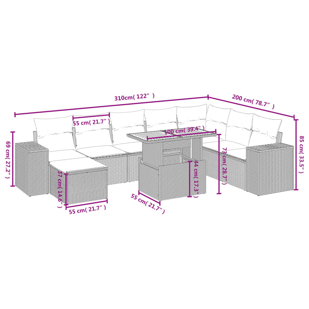 sofasæt til haven 9 dele med hynder polyrattan beige