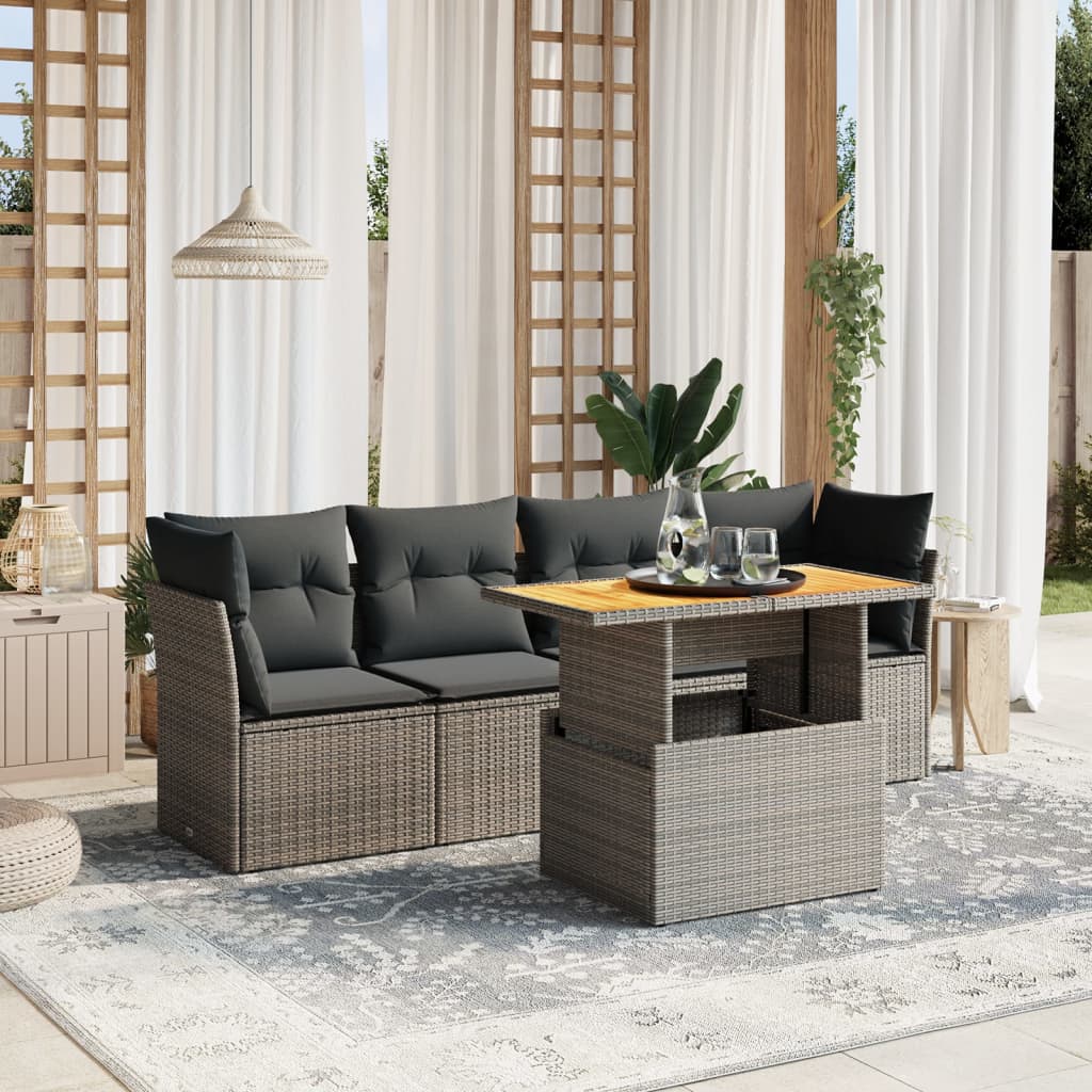 sofasæt 5 dele med hynder polyrattan grå