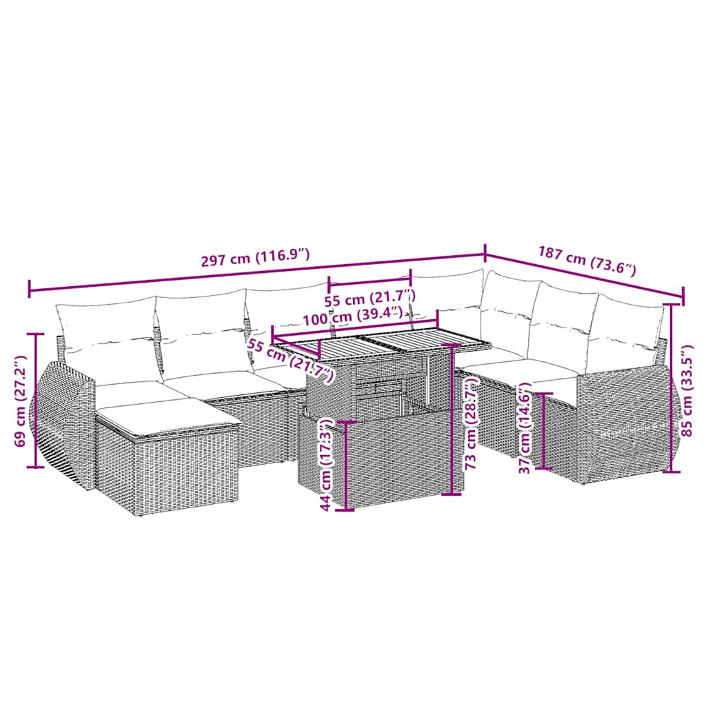 sofasæt til haven 9 dele med hynder polyrattan beige