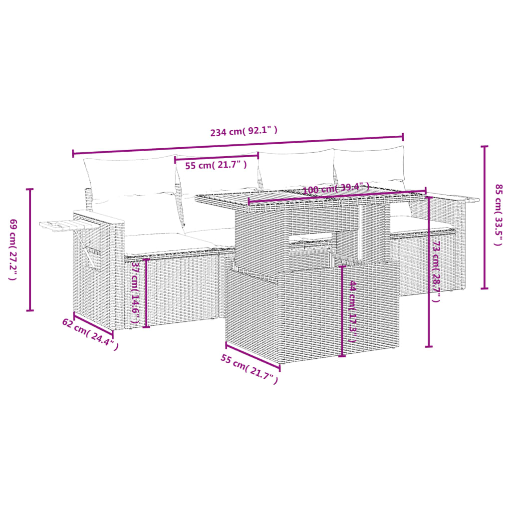 sofasæt til haven 5 dele med hynder polyrattan sort