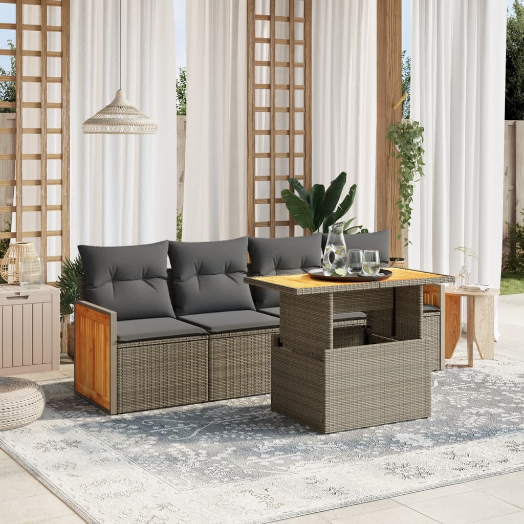 sofasæt 5 dele med hynder polyrattan grå